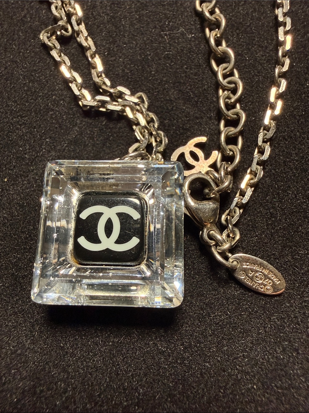 CHANEL Black and Clear Crystal CC Square Pendant Necklace